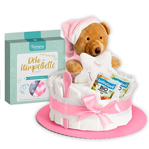 Windeltorte in Rosa mit Kuscheltier und Wimpelkette, perfekt für Mädchen zur Baby-Party oder Geburt