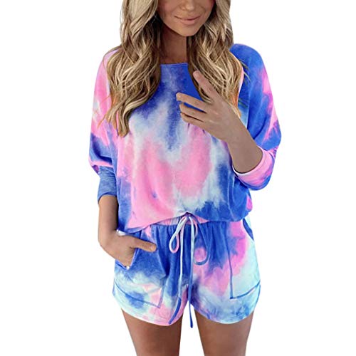 Xniral Damen Pyjama Schlafanzug Kurz Tie-Dye Bedruckte Nachtwäsche Nachthemd Hausanzug Set (i Blau, 3XL)