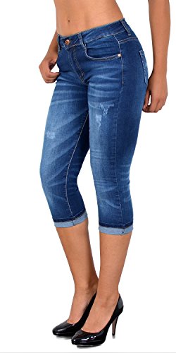 ESRA Damen Capri Jeans Hose Risse Kurze Jeans mit Blumenstickerei Hose Capri bis Übergröße J324