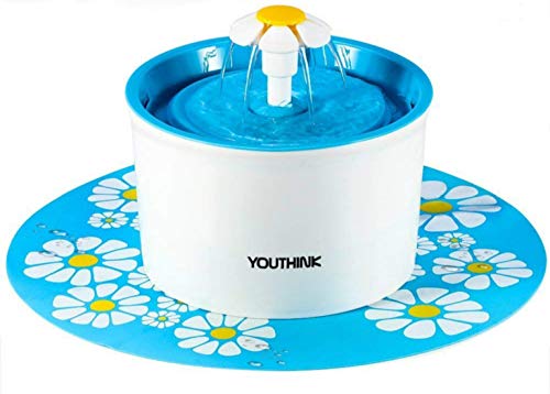 YOUTHINK Automatisch Trinkbrunnen für Katzen und Hunde mit 3 Filtern 2 Blumen Düse 1 Silikonmatte Haustier Wasserspender Näpfe BPA Frei,1.6L,Blau
