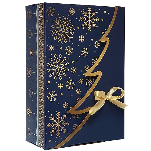 Premium Blau Bedruckte Weihnachtsbaum Geschenkbox – 12 Stk - 30x20x10 cm | Eingetragenes EU-Design | Anpassbares Band | Nachhaltige Verpackungslösung