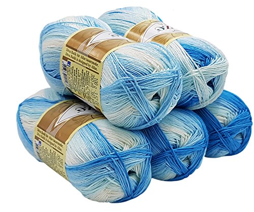 5 x 100 Gramm Alize Diva Batik Wolle mehrfarbig mit Farbverlauf, 500 Gramm merzerisierte Strickwolle Microfiber-Acryl (blau weiß 2130)