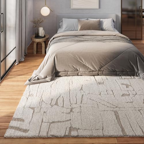 Gewebter pflegeleichter Teppich von WECONhome mit abstraktem Design ideal für Wohnzimmer, Schlafzimmer und Arbeitszimmer- Nils (140 x 200 cm, beige)