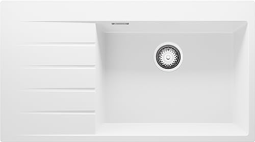 Spülbecken Weiß 90x50 cm, Granitspüle 1 Becken + Ablauf-Set, Küchenspüle ab 60er Unterschrank, Einbauspüle von Primagran