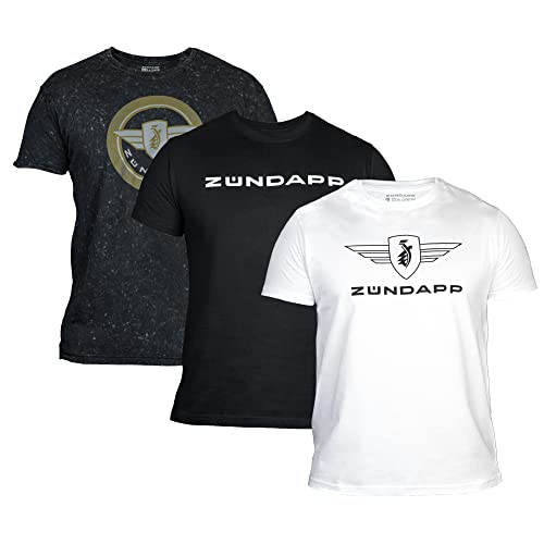 ZÜNDAPP T Shirt Herren oder Damen | Basic Tshirt 3er Set | Unisex Baumwoll T-Shirt 3er Pack (M, grau Snow-Washed + schwarz Uni + weiß Uni)