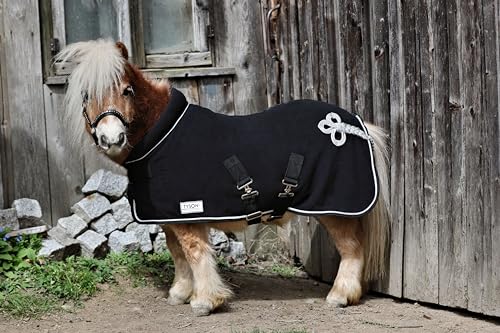 Zaraa Abschwitzdecke Paradedecke mit Kragen Anti Pilling Fleece Schwarz Silber- oder Goldfarben, Rosegold Minishetty Shetty Welsh Pony 70 80 90 100 110 (Schwarz/Silberfarben, 70)