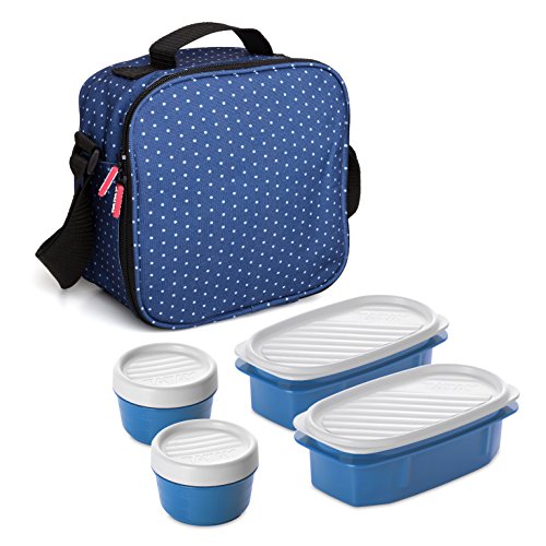 Tatay Urban Food Casual - Kühltasche, 3L Kapazität, 4 Kunststoff Frischaltendosen (2 x 0,5 l, 2 x 0,2 l) BPA frei, Blau mit Punkten. Messen 22,5 x 10 x 22 cm