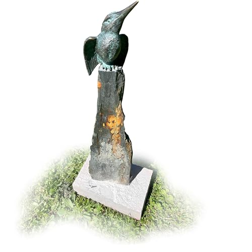 Yerd Gartendeko Figur: Bronzefigur Garten, Vogel auf Schiefer-Stein mit eingrabbarem Beton-Standfuß, original Rottenecker Objekt … (EisvogelGroß2)