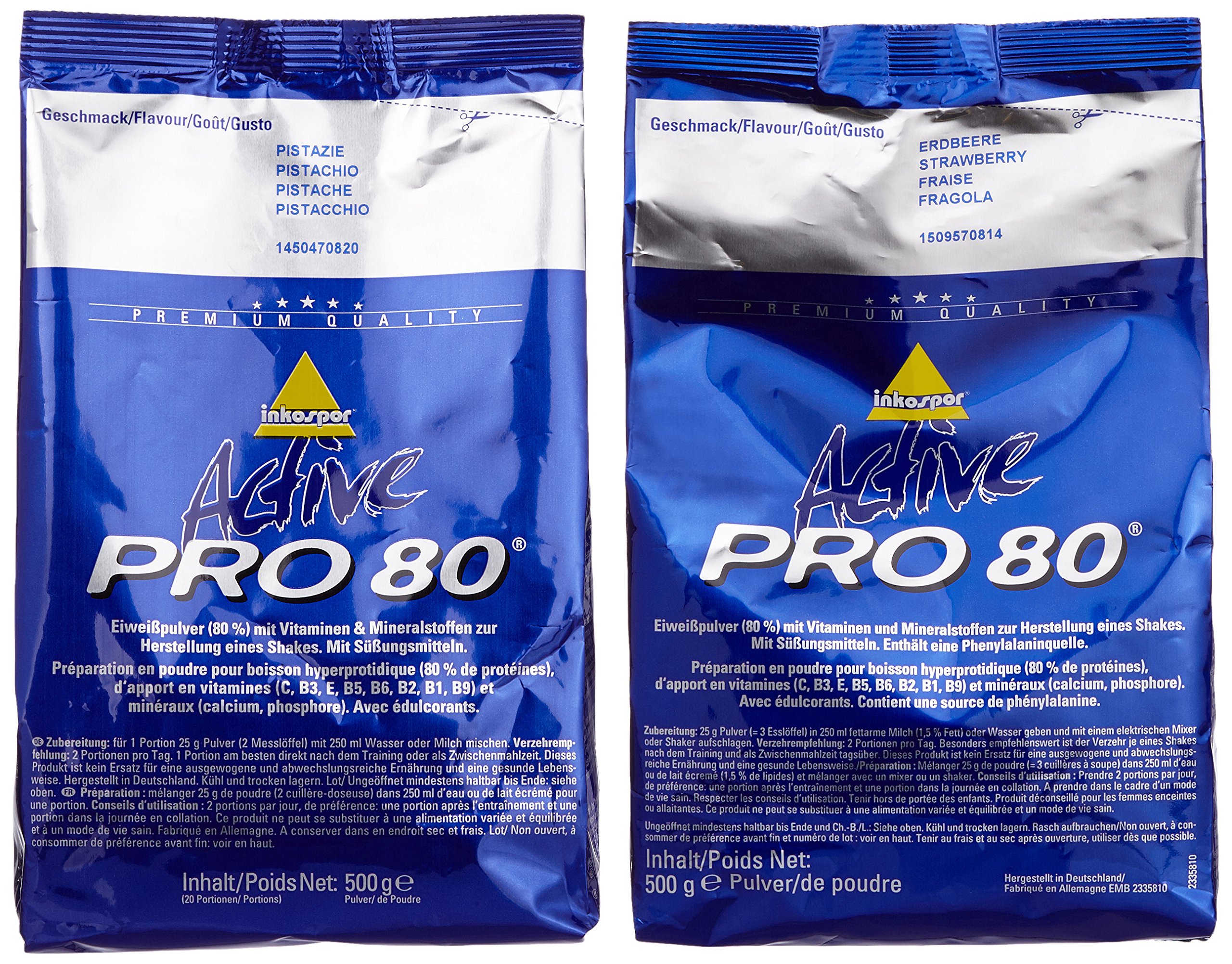 Inkospor Active Proteinshake Pro 80 Beutel 2er Mix Pack (2 x 500 g) Erdbeere/Pistazie, 1er Pack (1 x 1 kg)