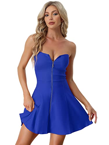 Allegra K Damen Sommer A Linie Reißverschluss Off Shoulder Minikleid Kleid, M (EU 40)/Blau