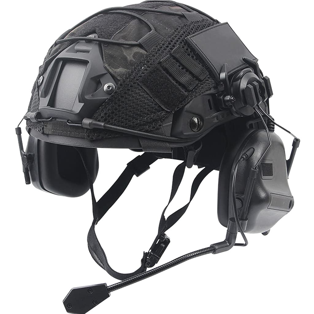 Fast Helm Set, Army Kampf Zubehör mit Tactical Headset und Helmüberzug, für Airsoft Paintball Outdoor Jagd,Schwarz,L