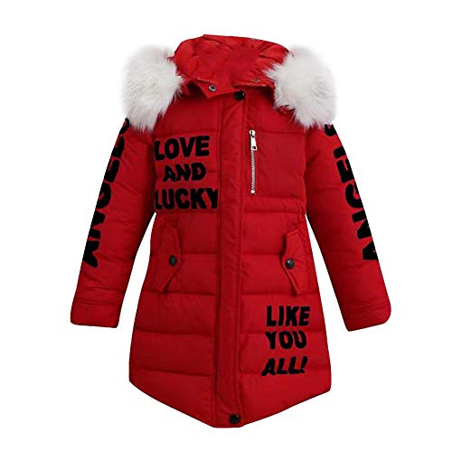 LPATTERN Kinder Mädchen Winterjacke Parka Mantel Baumwolle-gefüllte Steppjacke Winter Kleidung Outfit mit abnehmbar Fellkapuze- Buchstabe Motiv, rot, 152-158