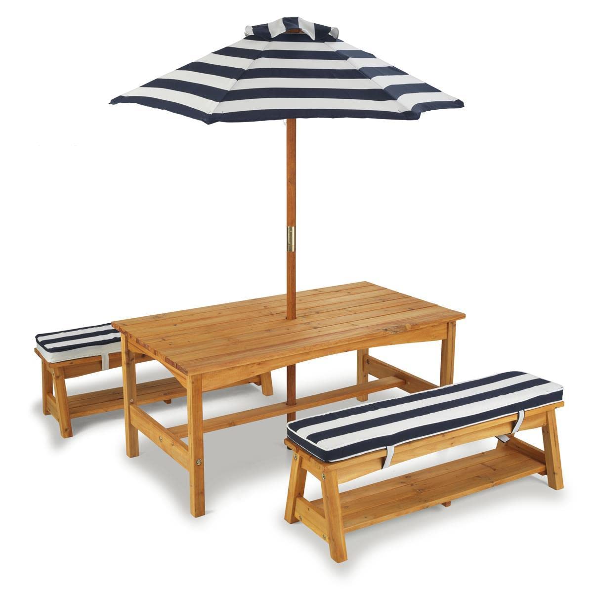 KidKraft Gartentisch mit Bank, Kissen und Sonnenschirm für Kinder, Outdoor Gartenmöbel aus Holz für Kinder, Marineblau-Weiß gestreift, 106