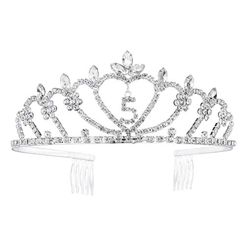 Frcolor Kinder Geburtstag Tiara Princess Crown Kristall Strass Herz Mädchen 5. Geburtstag Krone mit Haarkämmen Mädchen (Silber)
