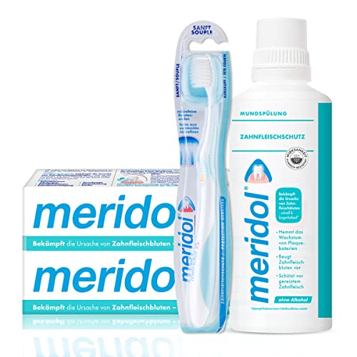 Meridol Set zum Schutz vor Zahnfleischentzündungen: Zahnpasta Doppelpack (2 x 75 ml) + 1 x weiche Zahnbürste + 1 x Mundspülung 400 ml