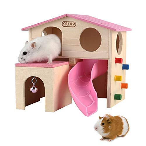 Kleintierversteck Hamsterhaus mit lustiger Kletterleiter, Rutsche, Holzhütte, Spielspielzeug, Kauspielzeug für kleine Tiere wie Zwerghamster und Maus (Rosa)