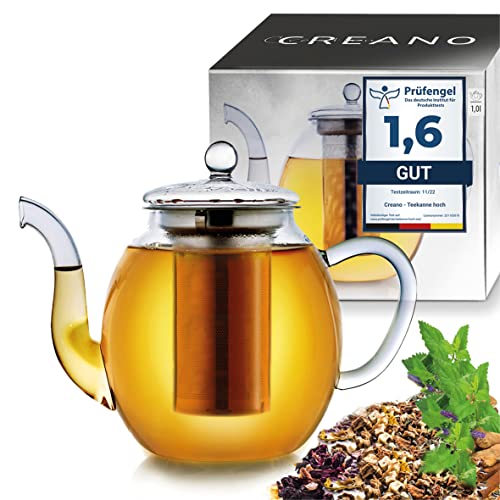 Creano Glas-Teekanne 3-Teiliger Teebereiter mit integriertem Edelstahl-Sieb und Glas-Deckel, mit 3X 60g Früchte, Kräuter-Tee (Erbeer-Minze, Exotische Früchte, Sanfte Limette) (1,0 L)