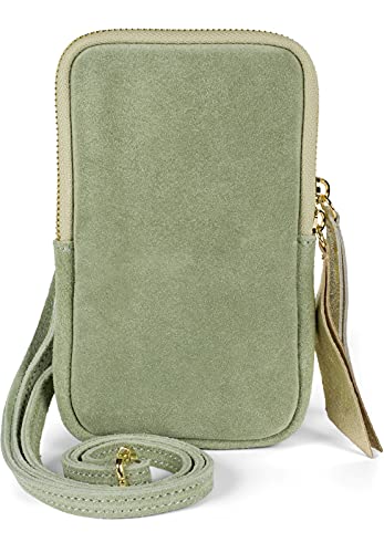 styleBREAKER Damen Leder Handy Umhängetasche aus weichem Veloursleder, Reißverschluss, Echtleder Mini Bag 02012373, Farbe:Lindgrün
