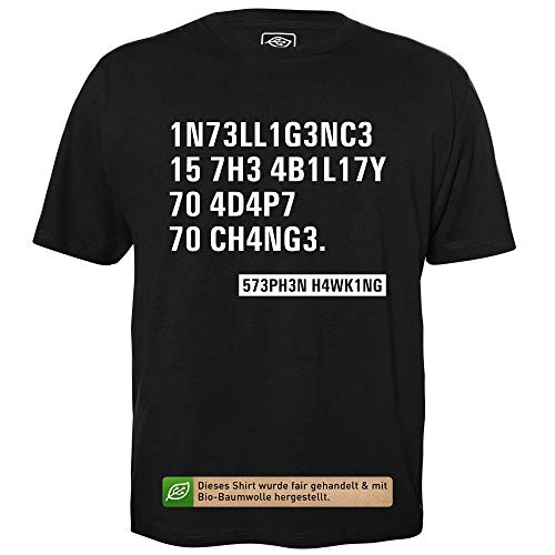Intelligence - Stephen Hawking Zitat - Herren T-Shirt für Geeks mit Spruch Motiv aus Bio-Baumwolle Kurzarm Rundhals Ausschnitt, Größe L