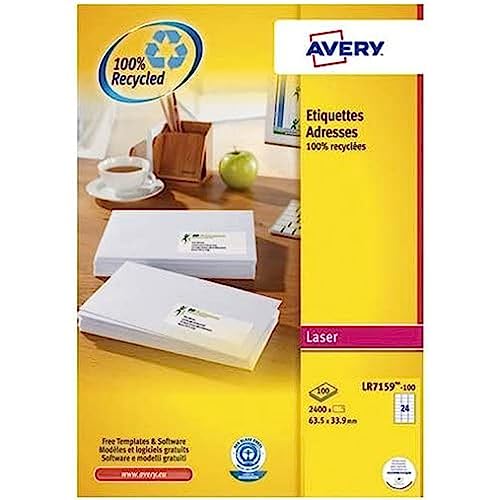Avery LR7651-100 Klebeetiketten, 63,5 x 33,9 mm, aus zu 100 % recycelten Materialien