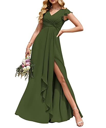 Hochzeit Trauzeugin Kleider Elegant Lange Empire Taille Plissee Flowy Rüschen Abendkleider mit Schlitz, olivgrün, 50