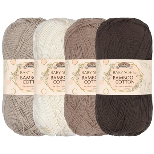 JubileeYarn Baby Soft Bamboo Cotton Yarn - 50g/Strang - Shades of Brown - 4 Knäuel