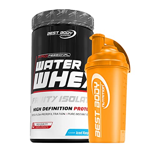 460 g Best Body Nutrition Water Whey Fruity Isolate (Iced Raspberry) Molkenprotein + Protein Shaker (orange)