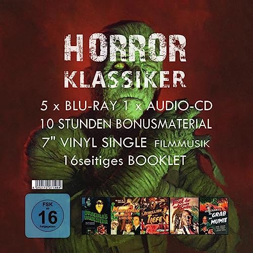 Horror-Klassiker Box - 5 Blu-rays + 1 Audio-CD + Vinyl 7" - Limited Edition 300 Stück - DAS GRAB DER MUMIE / DRACULAS TOCHTER / INSEL DER VERLORENEN ... DER TIEFE / MONSTERMANN VERBREITET SCHRECKEN