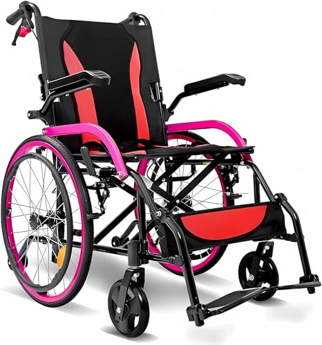 Rollstuhl Faltbar Leicht Aluminium Aktivrollstuhl, Rollstühle mit Selbstantrieb, Ultraleicht Reiserollstuhl für die Wohnung und Unterwegs, Drehbare Armlehnen, Sitzbreite 46 cm, 11 kg,Rot (Color : B)