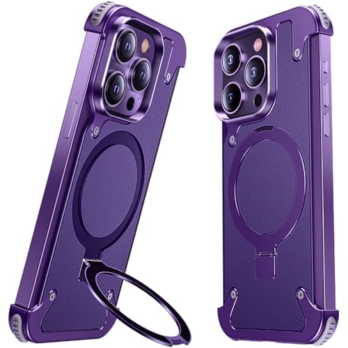 LOXO CASE Hülle für iPhone 14 Pro/14 Pro Max, mit Unsichtbarem Ständer [Kompatibel mit MagSafe] Metallrahmenlose Luxus-PU-Lederrückseite mit Stoßfester Ecke,Purple,14 Pro