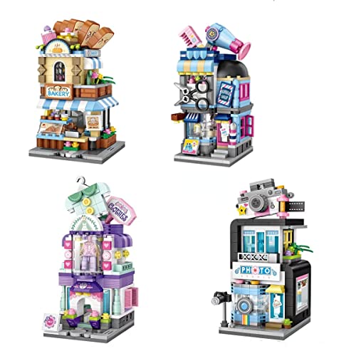 Mini City Shop Street View Serie Architektur Bausteine, 4 Boxes of Mini Bricks Toy Set, DIY Modular Haus Klemmbausteine MOC Bauspielzeugsets, Heimdekoration Geschenk für Mädchen und Jungen (4in)