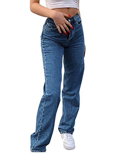 Minetom Baggy Jeans Damen High Waist Straight Jeans Freizeit Loose Gerade Hosen Bootcut Jeanshosen Jeans Vintage Hose mit Weitem Bein E Dunkelblau XL