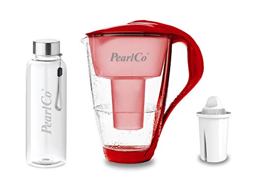 PearlCo - Glas-Wasserfilter (rot) mit 1 Universal classic Filterkartusche + 1 Trinkflasche aus Glas