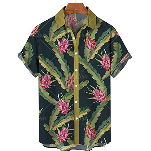 SNPP Herren Hawaii Hemd,Einfaches Modehemd Für Herren, Flippiges Hawaiihemd, Grünes Strandhemd Mit Drachenfrucht-3D-Druck, Geeignet Für Den Alltag Und Den Urlaub Am Meer,M