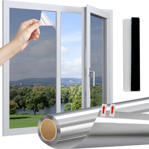Linarun Spiegelfolie Selbstklebend Fenster Sonnenschutzfolie Sichtschutz Wärmeisolierung Dachfenster innen oder außen UV-Schutz für Büro und Haus Silber 50 x 400 cm