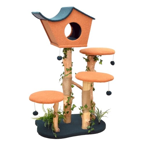 Fudajo Kratzbaum mit Pflanzendeko 135 cm Teddyfell und Birnbaumholz Katzenhaus mit Spielbällen