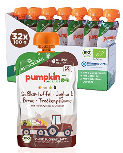 Pumpkin Organics Bio Quetschie, 32er Pack (32x100g) (Süßkartoffel, Joghurt, Trockenpflaume, Hafer)