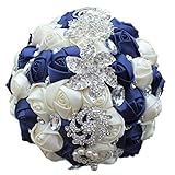 Fouriding Handgemachte Brosche Brautstrauß Braut Satin Rosen Blumen Strass Perlen Blumensträusse Hochzeit Strauß Künstliche Blumen Blumenstrauß künstlicher Rosenstrauß Deko (Navy Cremig)