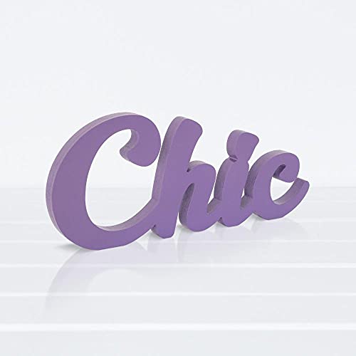 Declea Dekoschild aus Holz, Schriftzug Chic, Farbe Violett, Wohnzimmer, Schlafzimmer