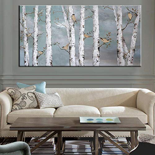 Rumlly Wandkunst Landschaft Bild Waldmalerei auf Leinwand Gold Vogel Birke Baum Kunstwerk für Wohnzimmer Schlafzimmer Büro Dekor 80x160cm Rahmenlos