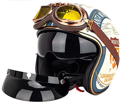 BAUTI Retro-Motorradhelm mit offenem Gesicht Schutzbrille abnehmbare Krempe einziehbare Sonnenblende ECE-zugelassener 3/4-Jethelm Motorrad-Halbhelm für Männer Frauen Moped Roller 1,L=(59-60CM)