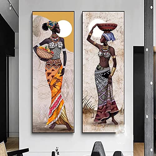 Rumlly Retro afrikanische Frauen im langen Kleid mit hübschen Ohrringen, Kunstposter, Leinwand, Wandbild, Bild für Wohnzimmer, Dekoration, 45 x 135 cm x 2, rahmenlos