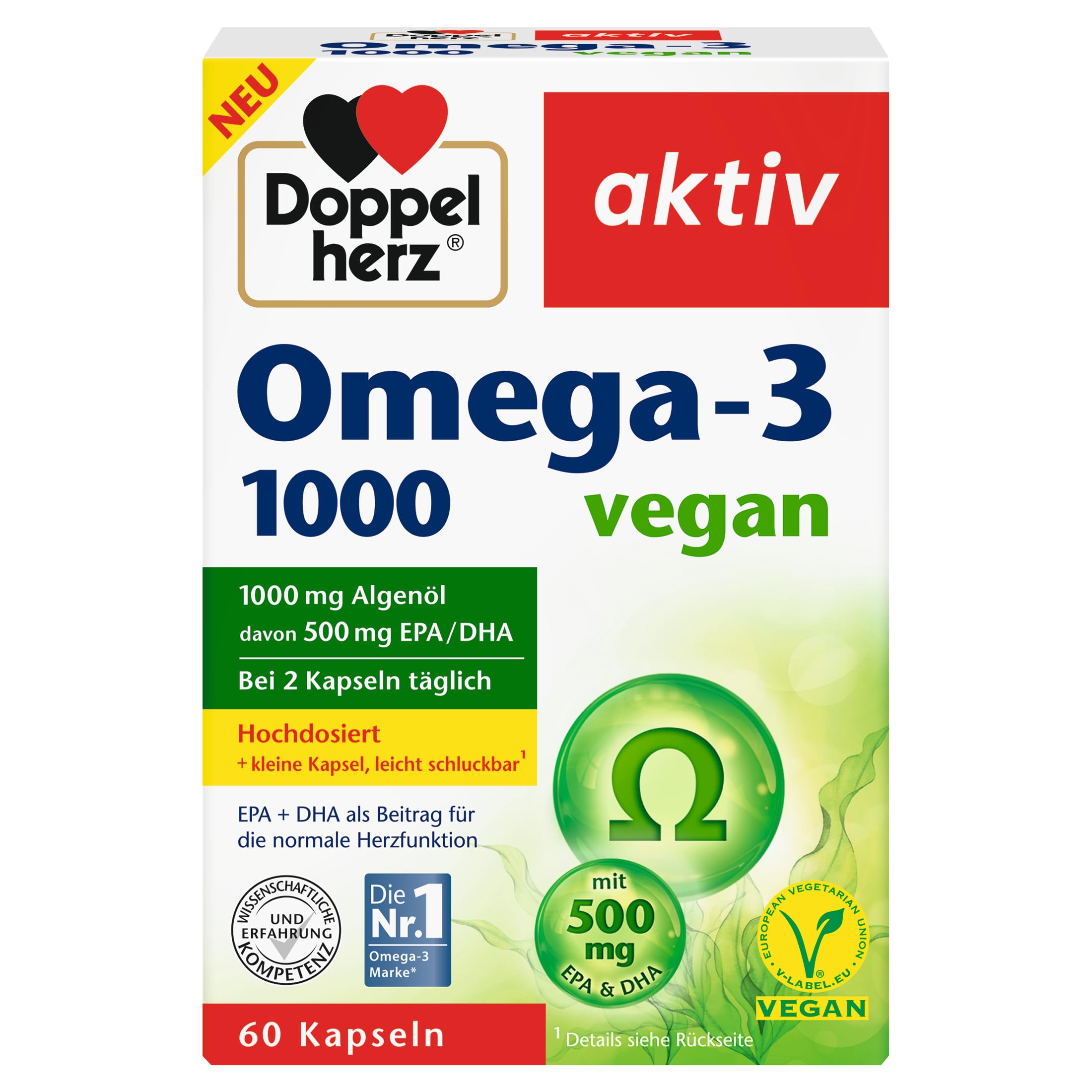 Doppelherz Omega-3 1000 vegan - Hochdosierte Omega-3-Fettsäuren EPA & DHA aus pflanzlichem Algenöl – 3er Pack (3 x 60 kleine & vegane Kapseln)
