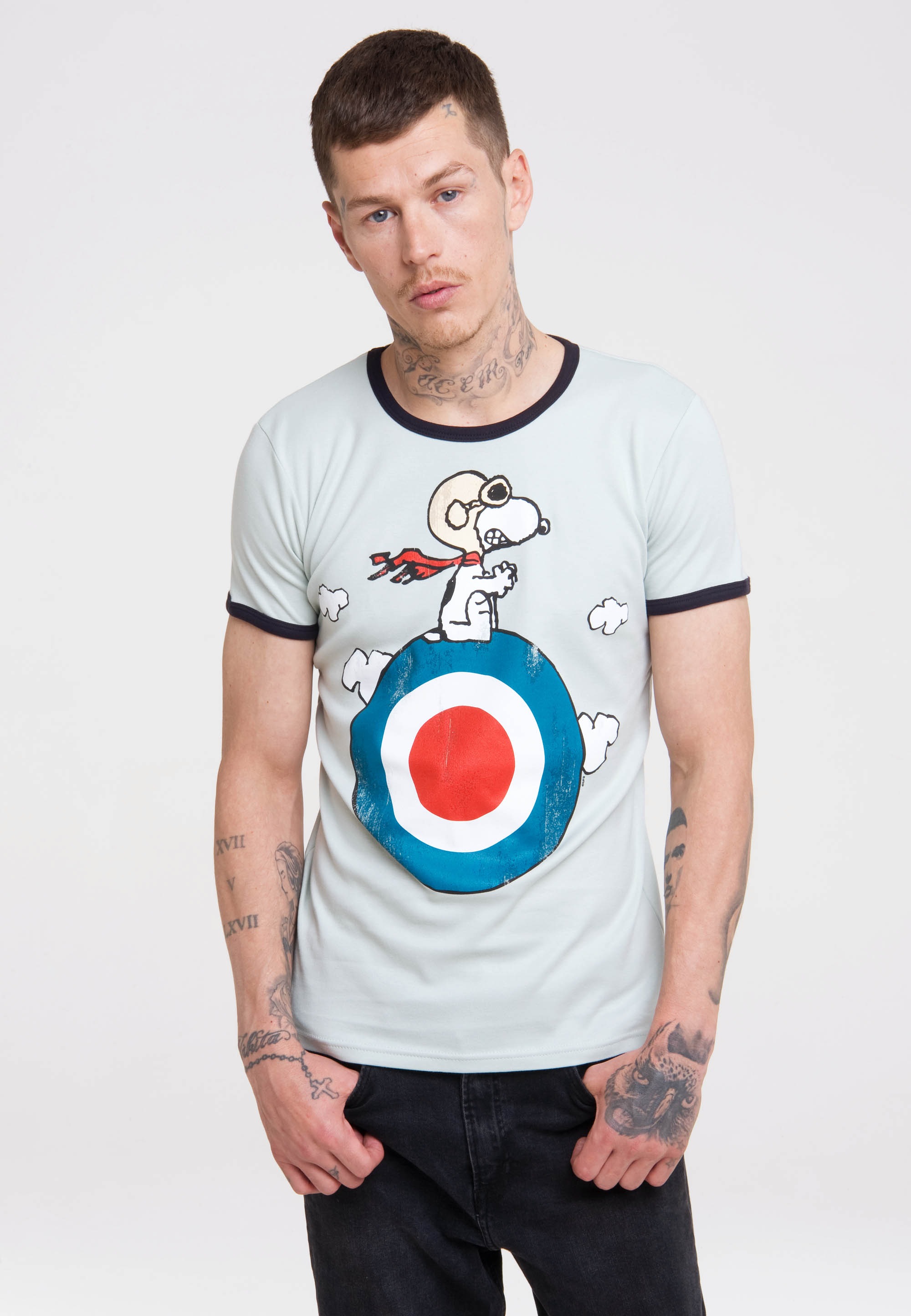 Logoshirt® - Comics - Peanuts - Hund - Snoopy - Pilot - Target - Ringer T-Shirt Print - Damen & Herren - blau - Lizenziertes Originaldesign, Größe XL