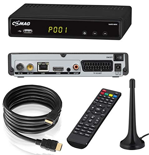 Comag SL65T2 FullHD HEVC DVBT/T2 Receiver (H.265, HDTV, HDMI, Irdeto Zugangssystem, freenet TV, Mediaplayer, PVR Ready, USB 2.0, 12V) inkl. DVB-T2 Antenne + HDMI-Kabel, schwarz