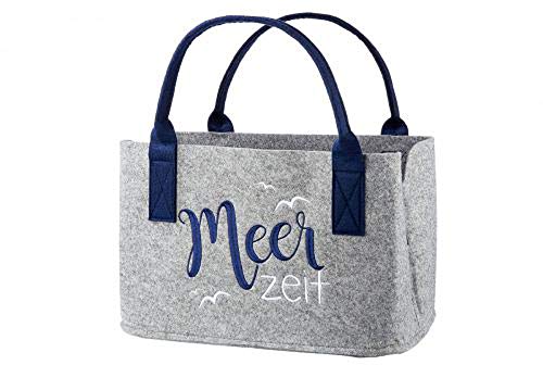 Handwerk Filztasche grau mit Schriftzug Meerzeit bestickt Shopper Einkaufstasche 40x26x24cm