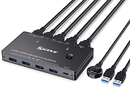 8K KVM HDMI Schalter 2 Anschlüsse, USB 3.0 KVM Umschalter, Unterstützt eine Auflösung von 7680 x 4320@60 Hz, 3840 x 2160 @ 120Hz für 2 Computer, die Maus, Tastatur und Monitor gemeinsam nutzen