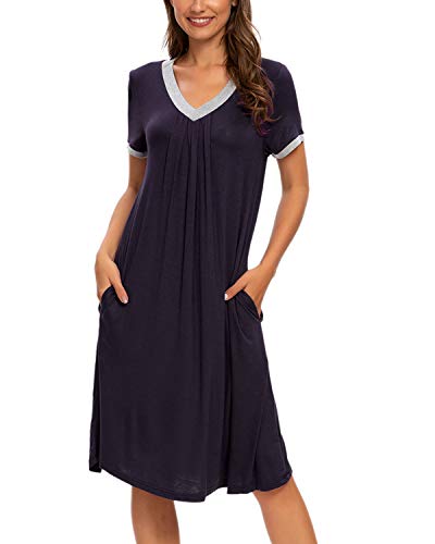 MINTLIMIT Damen Nachthemd Pyjama Negligee V-Ausschnitt Nachtkleid Schlafshirt Kurze Ärmel Schlafanzüge (Navy Blau,Größe XL)