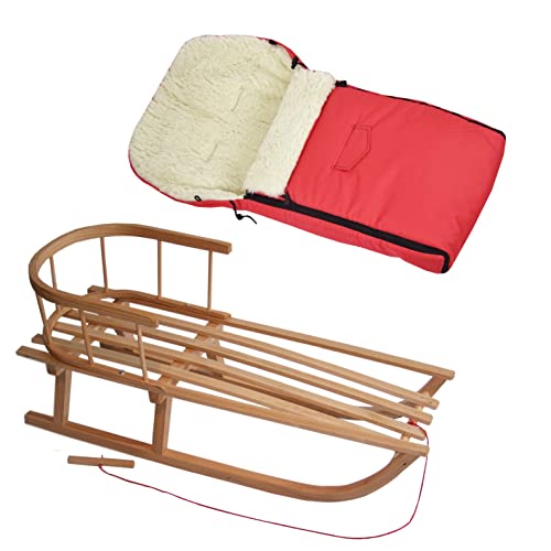 Kombi-Angebot Holz-Schlitten mit Rückenlehne & Zugseil + universaler Winterfußsack (90cm), auch geeignet für Babyschale, Kinderwagen, Buggy, Lammwolle Uni (rot + Schlitten)