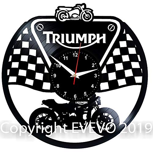 EVEVO Triumph Bike Wanduhr Vinyl Schallplatte Retro-Uhr Handgefertigt Vintage-Geschenk Style Raum Home Dekorationen Tolles Geschenk Wanduhr Triumph Bike